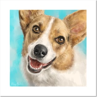 Painting of a Happy Adorable Corgi Dog on Blue Background Posters and Art